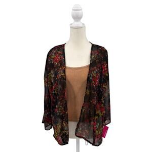 Xhilaration Floral Kimono Cardigan Womens XS Black Open Front Sheer Summer Cover
